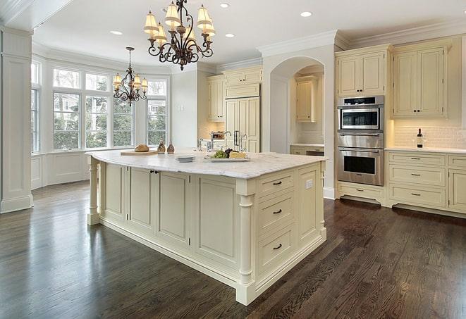 spacious living room with wood laminate flooring in Dorr